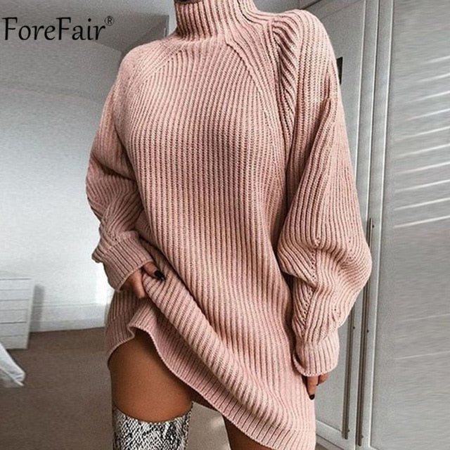 Turtleneck Long Sleeve Loose Tunic Gray Sweater Dress –