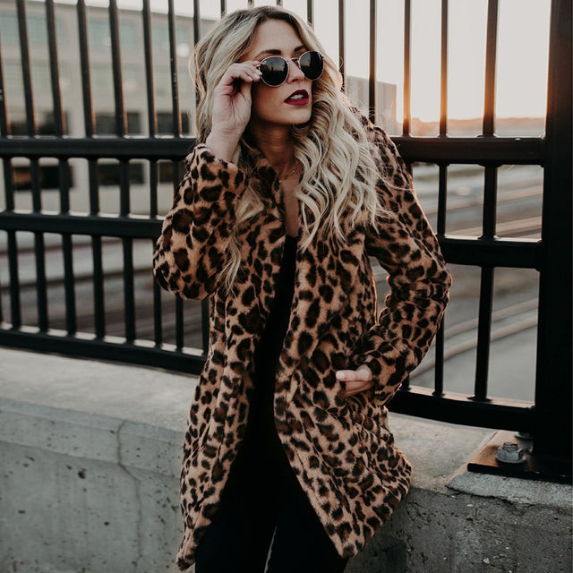 Leopard Mink Fur Collar classic Mid Length Coat