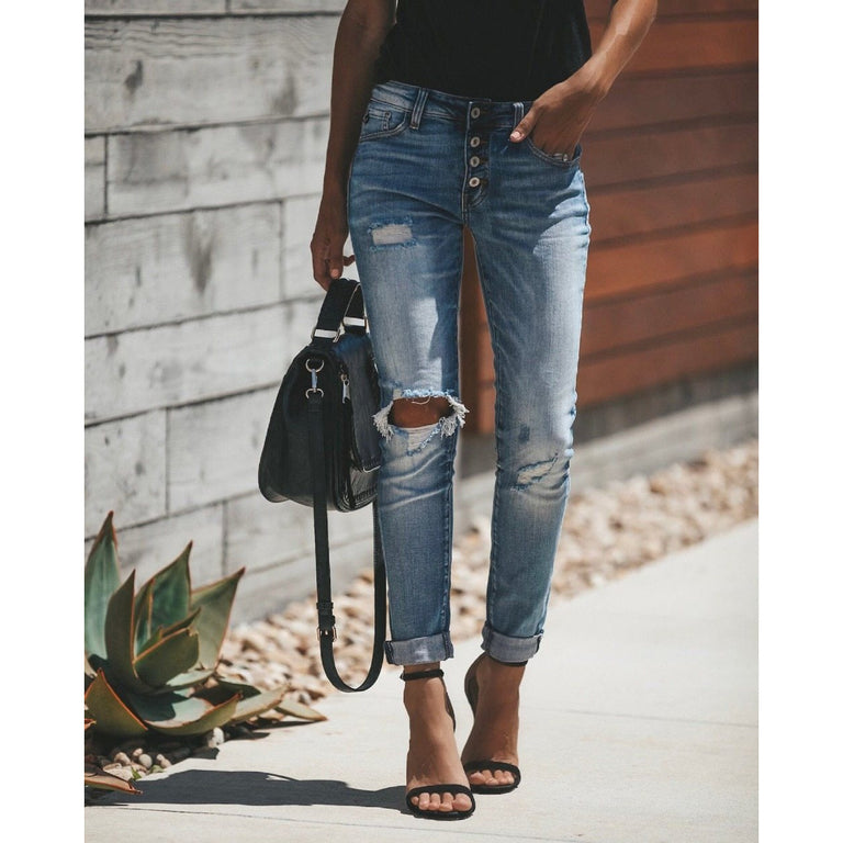 High Waisted Skinny Ripped Denim Jeans